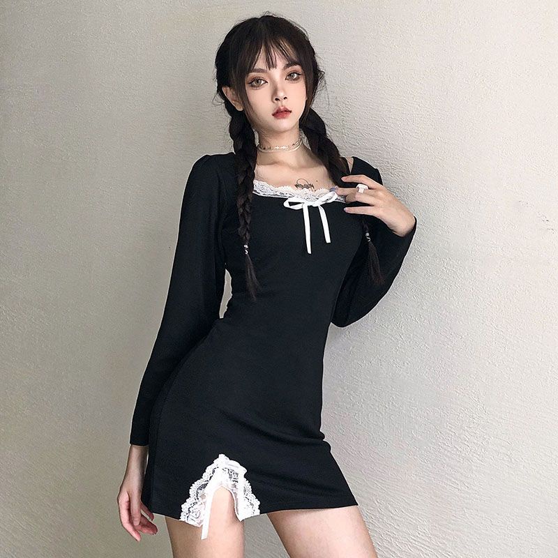 Red Perancis gadis renda gaun wanita splicing kerah persegi celah rok lengan panjang pinggul rok rok bottoming gaun hitam kecil