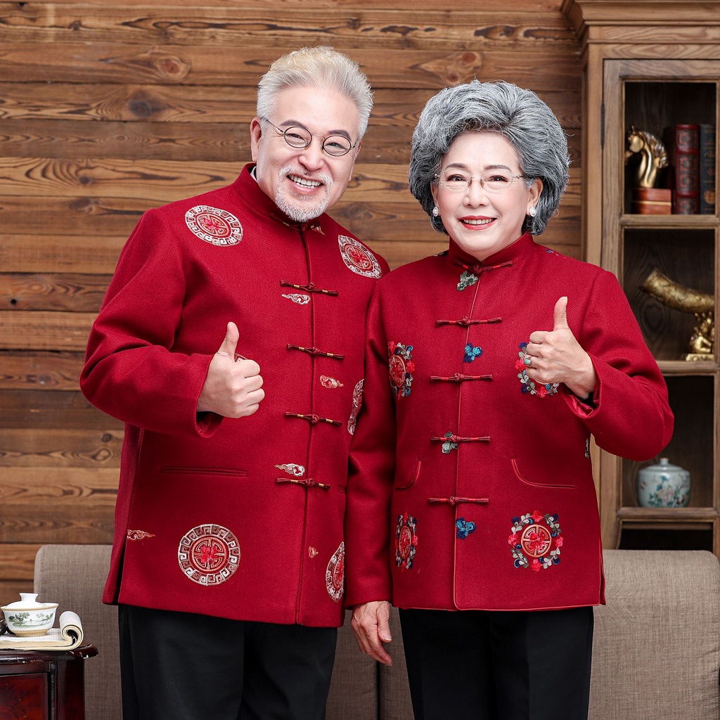 Cheongsam Atasan Orang Tua Merah Lengan Panjang Tang suit Imlek Bigsize Kakek Nenek Qipao Hanfu