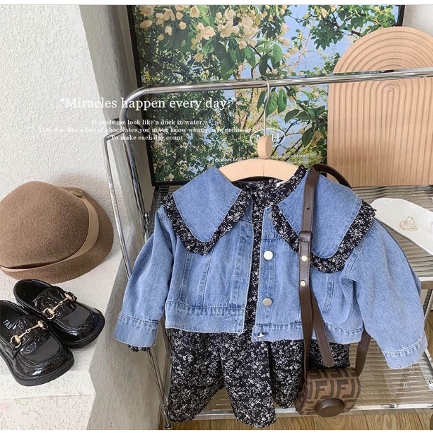 DRESSES 2in1 GIRL MODEL BLUE GAUN DENIM SIZE 100-140 FLORAL BLACK