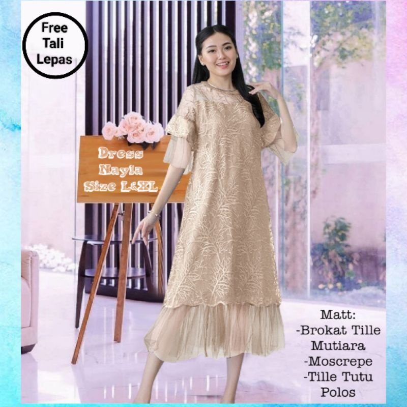 Dress Pesta Wanita Midi Terbaru Elegan/Dress Nayla Size L dan XL Matt Brokat Tille Mutiara Mix Moscrepe dan Tille Dot/Dress Pesta dan Natal Remaja Kekinian Viral/Good Quality