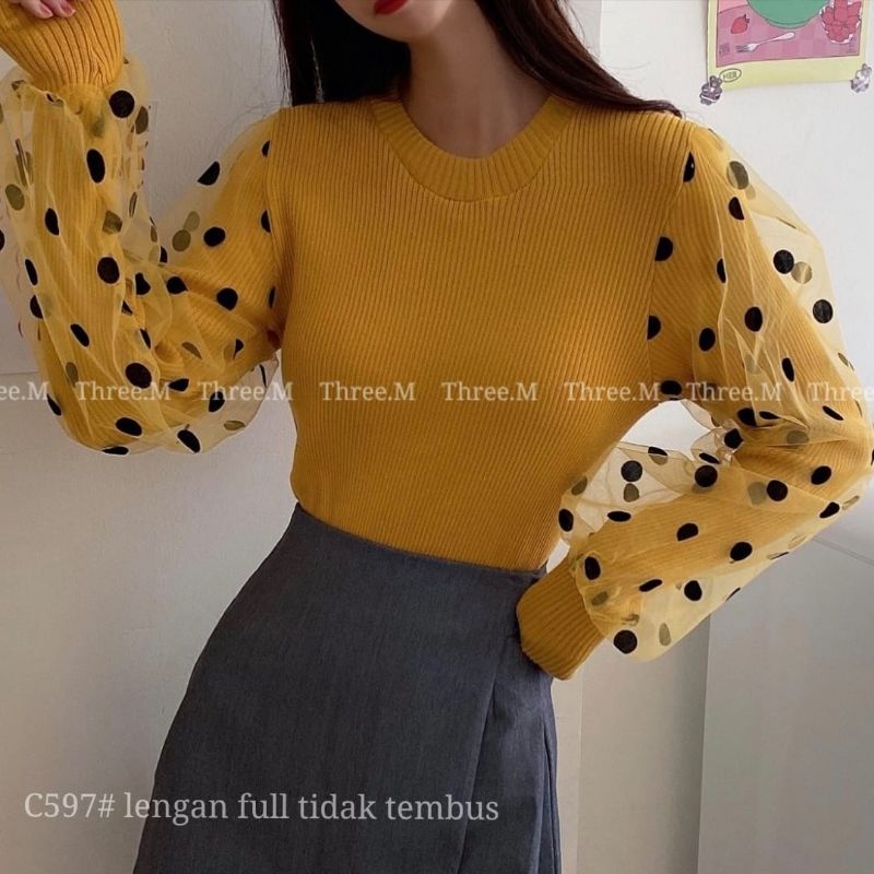 C597 Atasan Baju blouse blus lengan panjang tangan polka polkadot bintik hitam balon baloon ngaret m