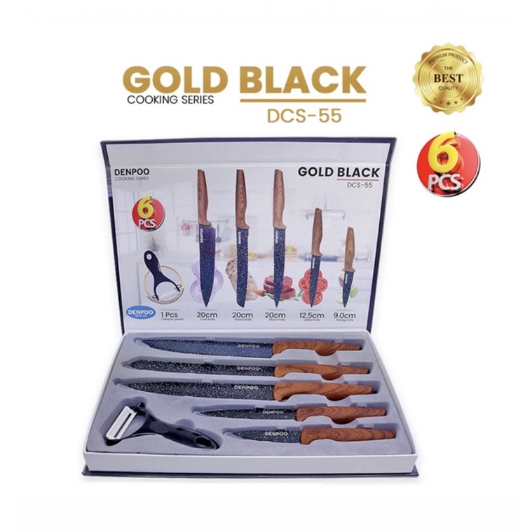 [ DENPOO ] Pisau Set Dapur DENPOO DCS-55 COOKING SERIES-GOLD BLACK