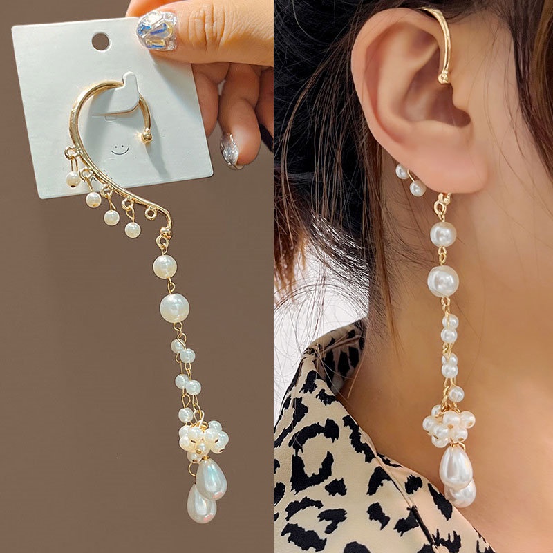 Anting Gantung Panjang Model Rumbai Asimetris Dengan Mutiara Untuk Wanita