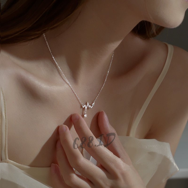Kalung Rantai Wanita Korea dengan Liontin Detak Jantung Heart Beat Aksen Kristal Berlian Warna Silver Gold Cantik Fashion Necklace Hits NL 15