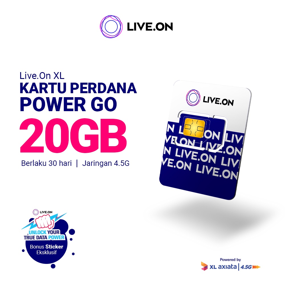 Kartu Perdana Live.On Power Go 20GB (30 hari) Jaringan 4.5G Gratis 20 Menit Nelpon + 20 SMS + Sticker C