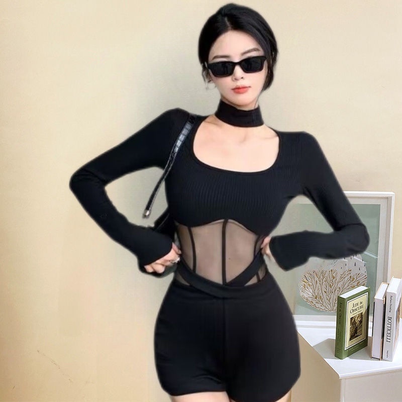 Suhao Mesh Jahitan Top Super Pedas Lengan Panjang T-shirt Wanita Pakaian Luar Keinginan Murni Kemeja Slimming Slim Fashion Renda baru