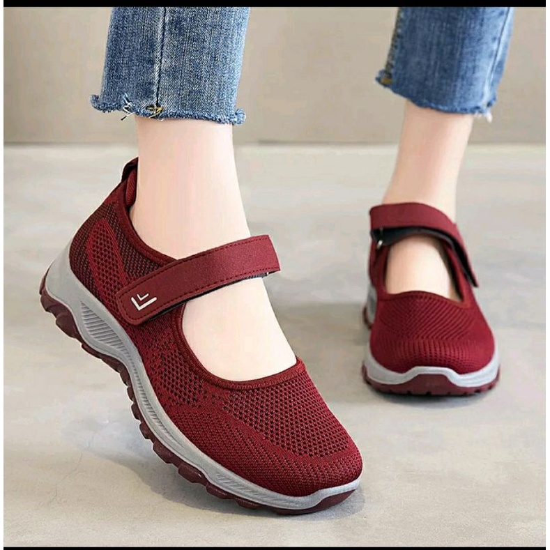 sepatu wanita import cross strap tali velcro flat shoes sol abu good quality + packing pake Box