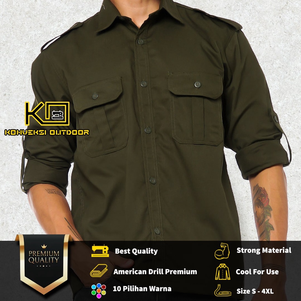 BAJU KEMEJA PDL LAPANGAN OUTDOOR INDOOR PRIA LENGAN PANJANG - Seragam Kerja Kantor Group Kemeja Lapangan Outdoor Gunung Taktikal Comunitas Kemeja Dinas PDH PNS Cargo Safari Paspampres Militer Tactical Americand Drill American America Warna Hijau Army