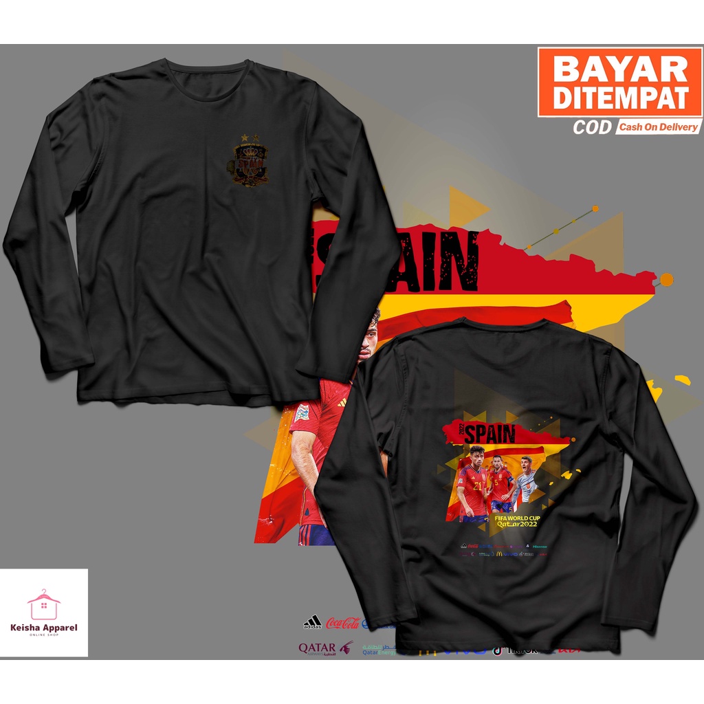 KAOS BAJU LENGAN PANJANG WORLD CUP QATAR 2022 SPANYOL KAOS PIALA DUNIA 2022 COWOK CEWEK