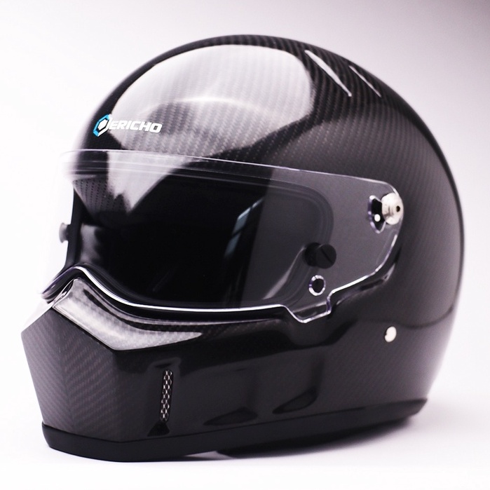 Helm Full Face Retro Carbon Fiber + Clear Visor JERICHO FF1400 Glossy SNI ISO Helmet Carbon
