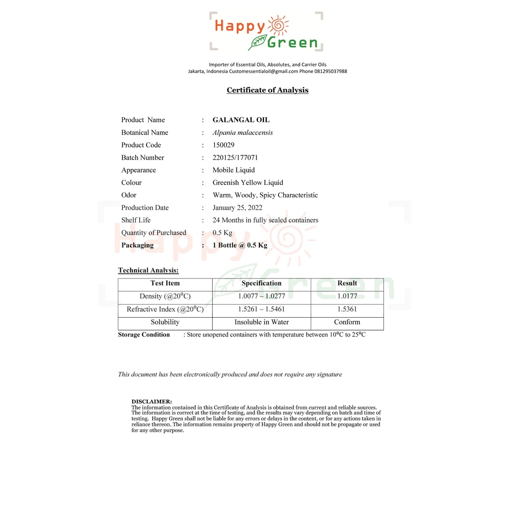 BPOM Approved Happy Green Galangal Essential oil - Minyak Atsiri Lengkuas Murni Natural Laja Gowah Alpinia