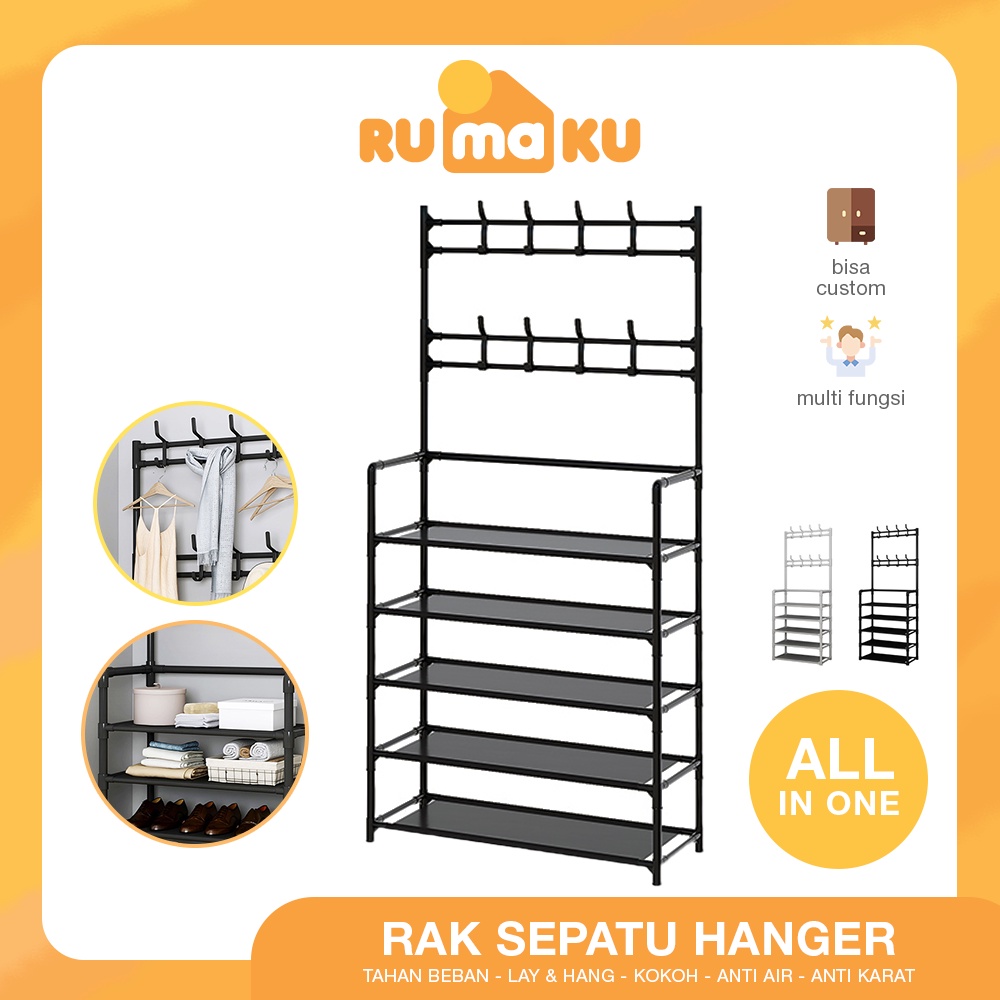 Rumaku Rak Sepatu Serbaguna Multifungsi Stand Hanger Gantungan Baju Topi Minimalis