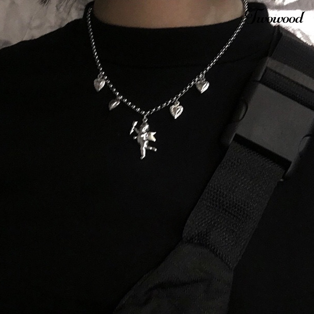 Kalung Choker Rantai Klavikula Liontin Hati Malaikat Bahan Stainless Steel Untuk Wanita