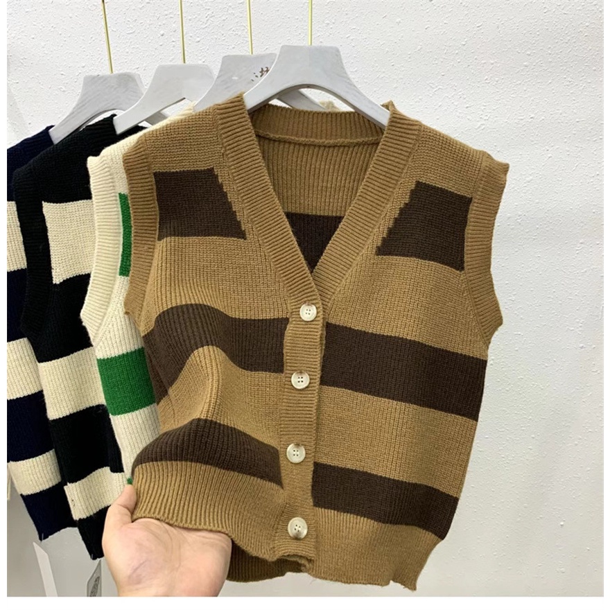 Bona Vest Rompi Stripe V Neck Motif Crop Top Kotak Rajut Wanita Korea