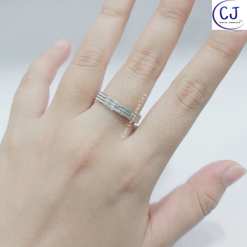 Cincin Perak Pria Wanita Asli Silver 925 Lapis Emas Putih Model Ring Ukiran Kotak-Kotak Dop Keliling - Perhiasan Perak Pria Wanita Cincin Pasangan