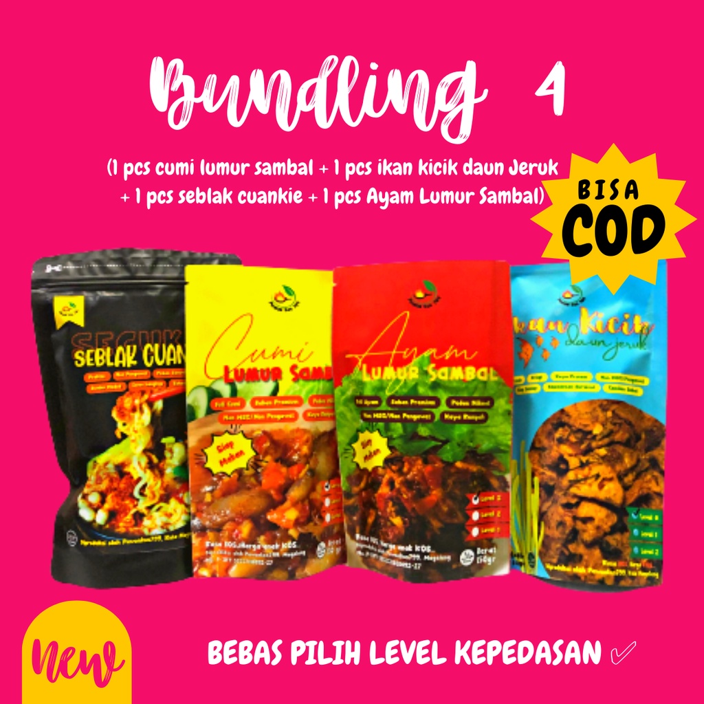 Bundling 4 - Produk pawonkos799 Cumi Pedas Berlevel, Ikan Krispy, Ayam Pedas, dan Seblak Cuankie Non