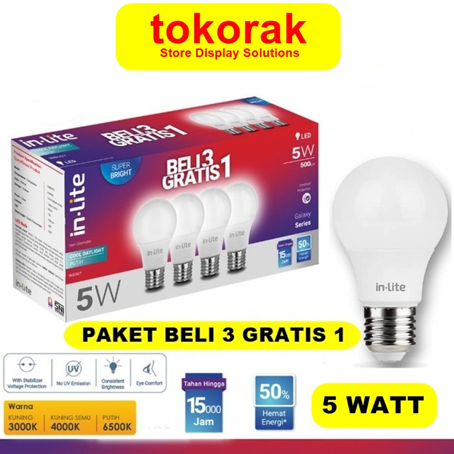 INLITE LAMPU BULB  5 7 9 11WATT KUNING ISI 4PCS LED BOHLAM IN LITE