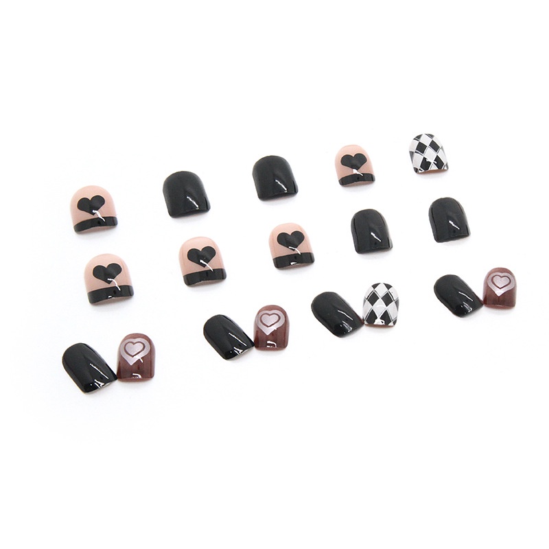 24pcs / Kotak Kuku Palsu Motif Belah Ketupat / Hati Warna Hitam R659