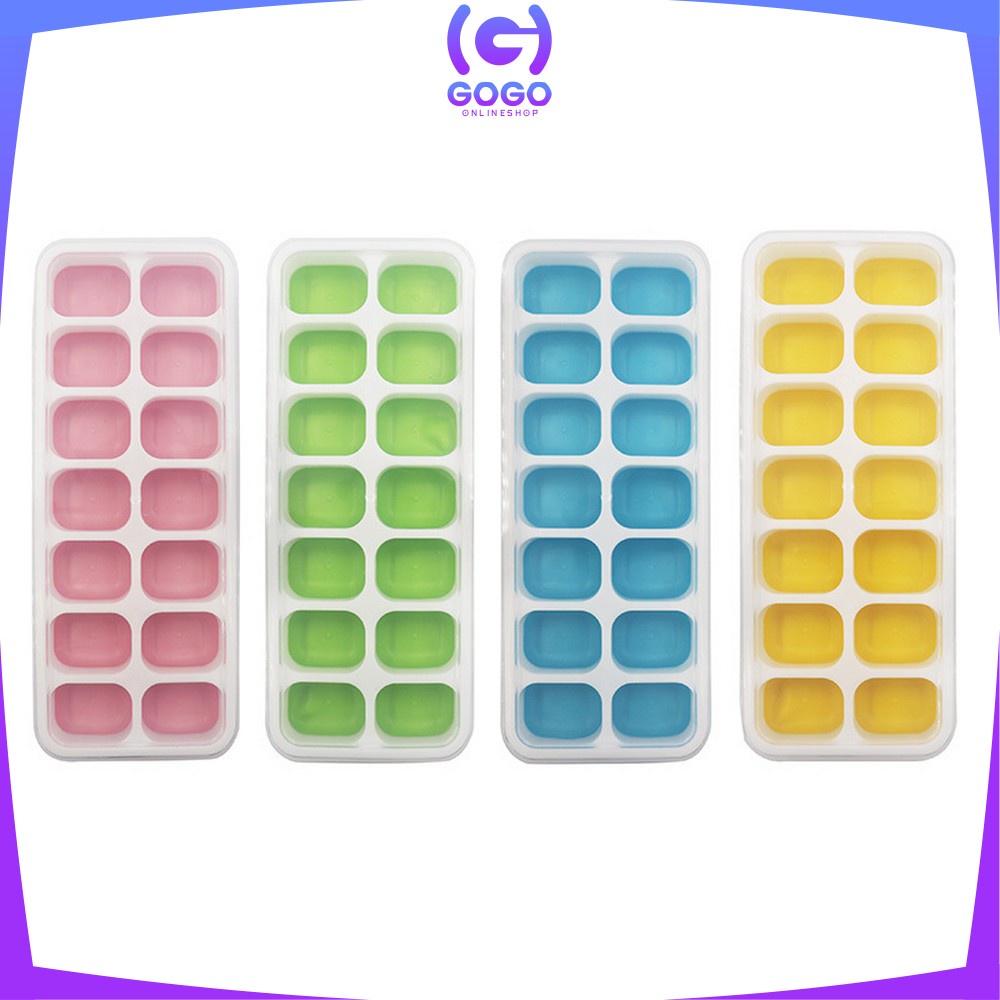 GOGO-C532 Cetakan Es Batu Dengan Tutup Bentuk Kotak Bahan Silikon Serbaguna / Ice Cube Tray 14 Slot / Cetakan Coklat Pudding Jelly