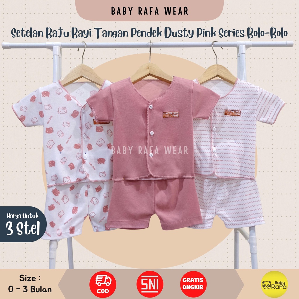 Serian Dusty - 3 Stel Setelan Baju Bayi Tangan Pendek Celana Pendek Bayi Baru Lahir PINK DUSTY SERIES SNI Bolo - Bolo