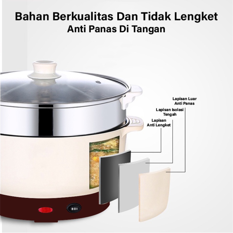 Panci Listrik Multifungsi  Panci Elektrik Teflon Serbaguna / 2,4L Multifungsi Free Kukusan Stainless Pegangan Anti Panas Worldhome66