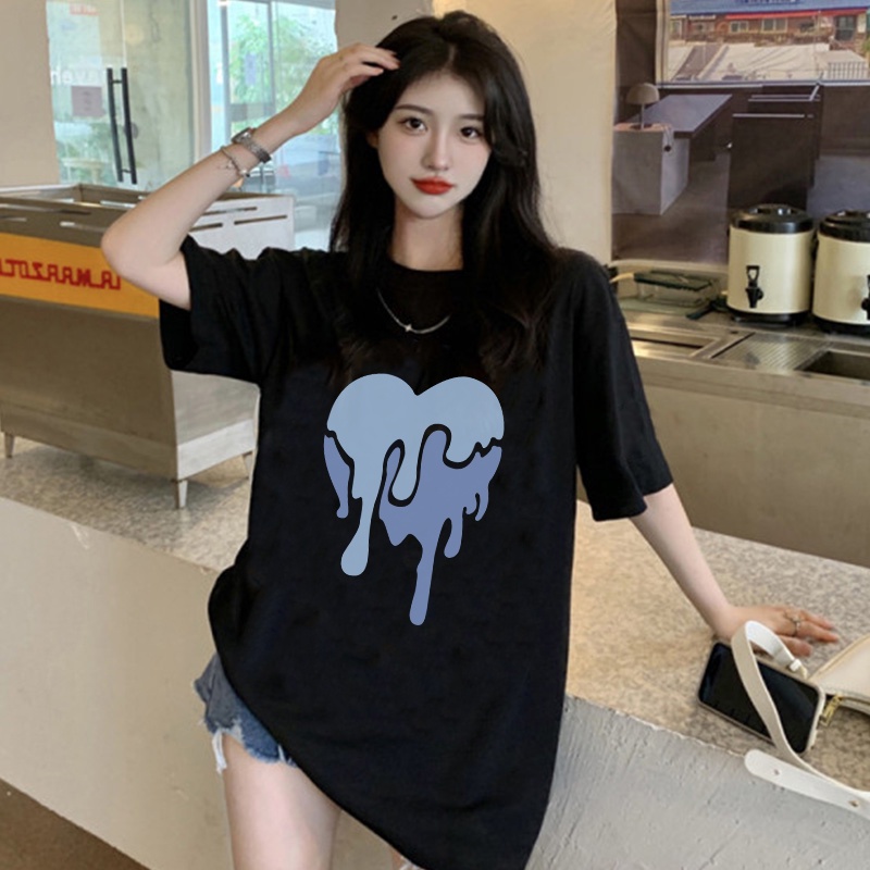 EUNII T-shirt Lengan Pendek Blue Flow Heart Korean Style/Kaos Atasan Wanita/Baju Kaus Oversize Wanita