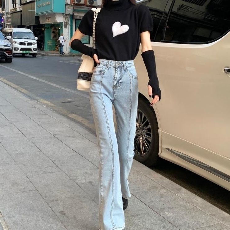 Red Asap abu-abu jeans wanita musim gugur dan musim panas gadis panas desain rasa ceruk pinggang tinggi celana berkobar tipis high street pasang ins