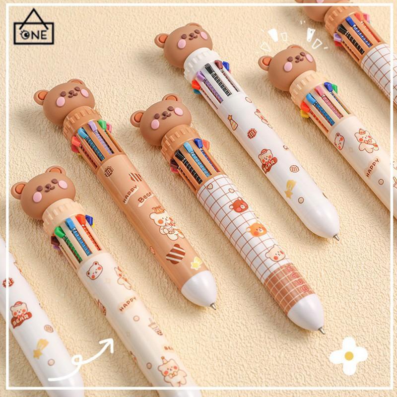 COD❤️1pc Pulpen Mekanik 10 Warna Warni Rectractable Pen Color Motif Kartun Lucu Bear Grid Kotak Aesthetic Bolpoin Alat Tulis Sekolah-A.one