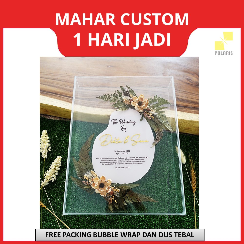 MAHAR PERNIKAHAN CUSTOM KILAT BINGKAI AKRILIK 40x30 CM - MAHAR WEDDING HIASAN BUNGA KERING RUSTIC DRIED FLOWER ACRYLIC FRAME