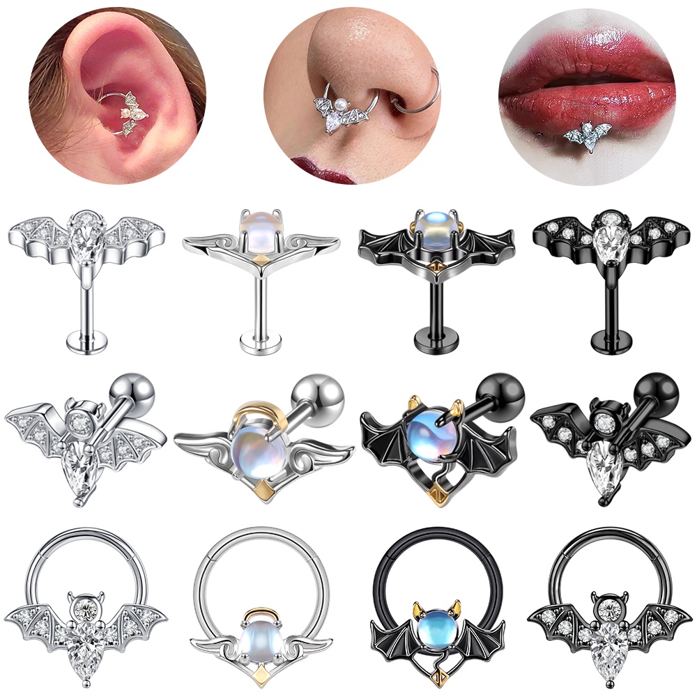 1 PC Anting Stud Tindik Tulang Rawan Telinga Hidung Desain Kelelawar Devil Bahan Stainless Steel Ukuran 8 / 10mm