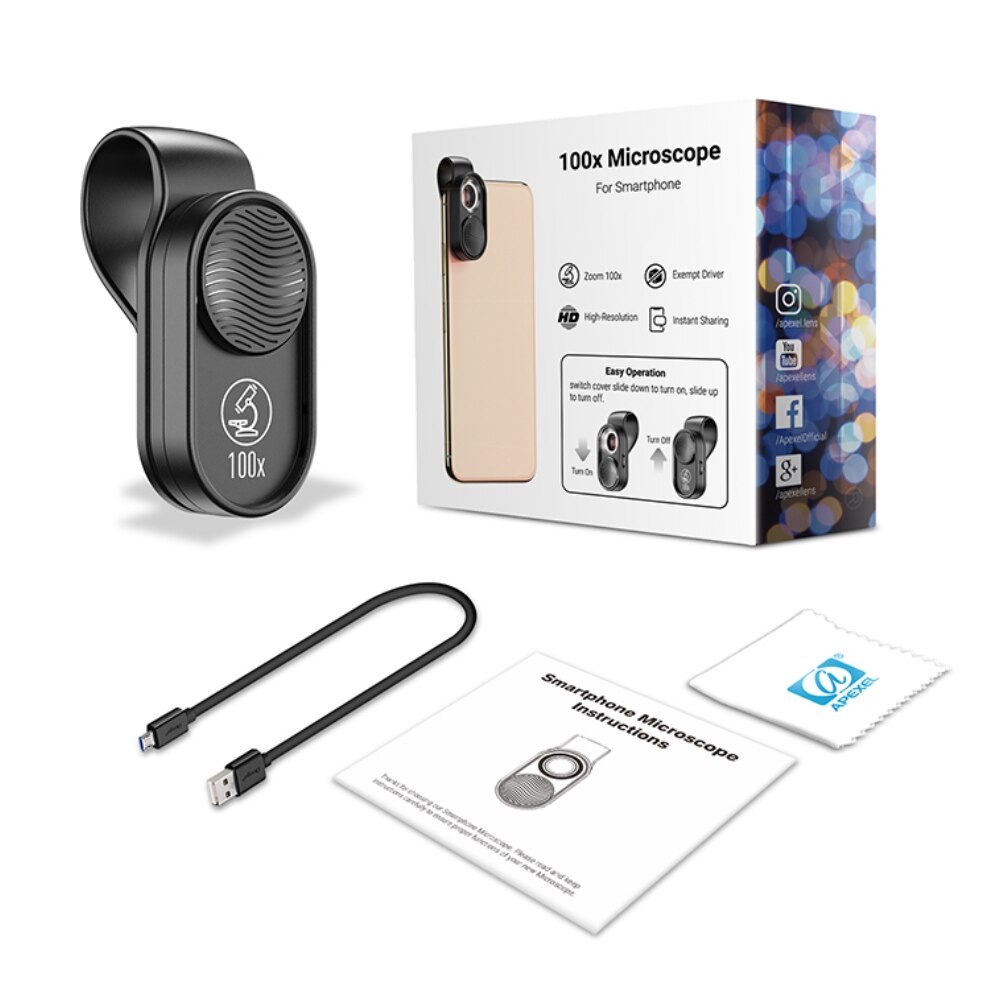 APEXEL Lensa Mikro Kamera Smartphone Mikroskop 100x with LED Light and Universal Clip - APL-MS001 - Black
