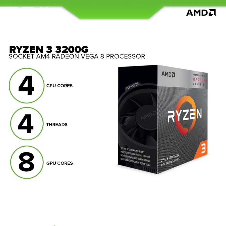 AMD Ryzen 3 3200G Radeon Vega 8 Graphics 3.6Ghz Up To 4.0Ghz 4MB 65W