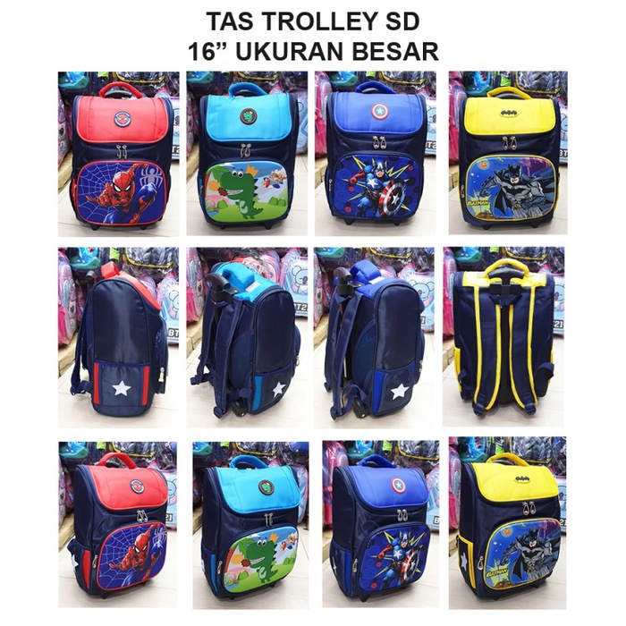 Tas Koper Tas Trolley Dorong Sd 16" Besar Panda Superhero Dino Ultraman Import