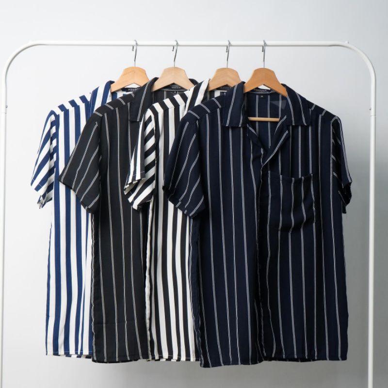 Kemeja Pria Lengan Pendek Shirt Man Bowling Salur Kasual Woolpeach
