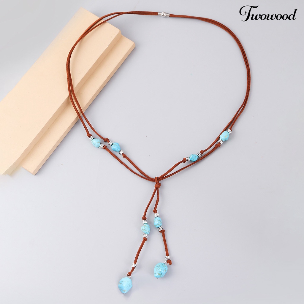 Kalung Tali Suede Adjustable Dengan Liontin Turquoise Gaya Bohemian Untuk Wanita