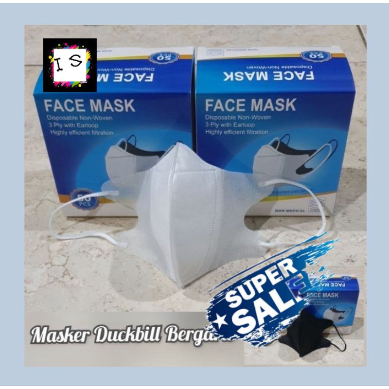Masker DUCKBIL Garis Hidung Face Mask Isi 50 pcs + BOX Hitam Putih