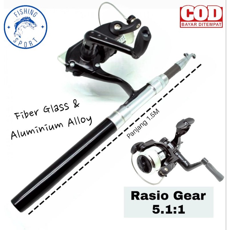 Set Lengkap Alat Pancing Mini Portable Extreme Pen Fishing Rod Length 1.5M Bahan Fiber Glass & Alumi