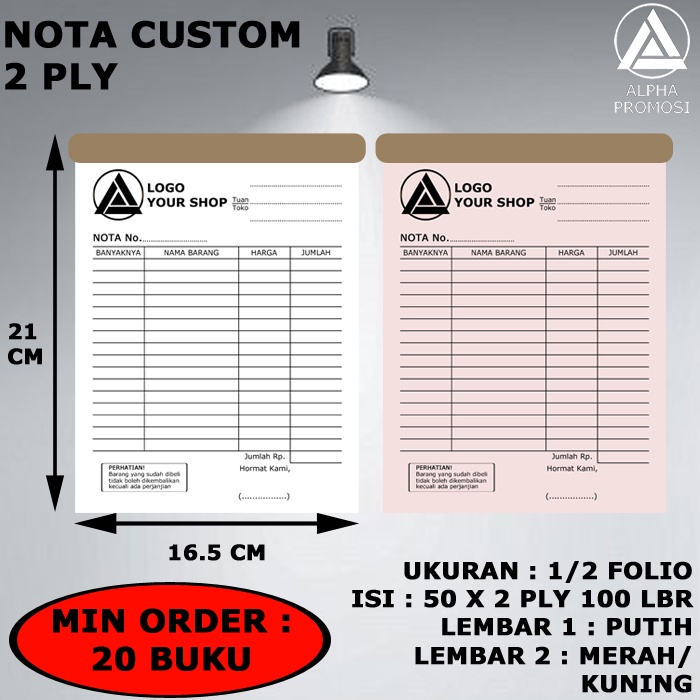 

Nota Custom 1/2 Folio 2 PLY Bahan NCR Murah Nota Olshop Dagang Usaha Nota Kecil