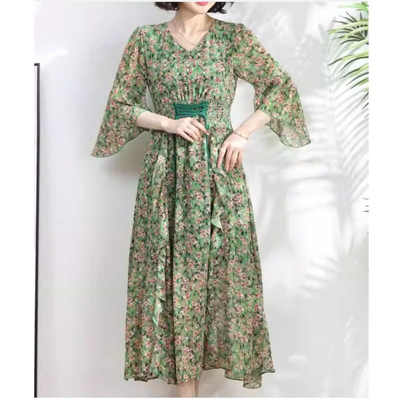 MDLV ~ 12512# Brisbelina Drawstring Maxi Green Dress Premium Import