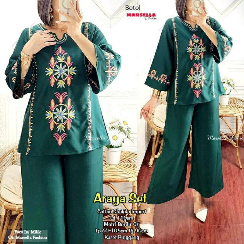 Araya Set, SETELAN WANITA MUSLIM CANTIK MODIS FIT XL LD 104 BAHAN KATUN SHAKILA IMPORT MIX BORDIR TERMURAH