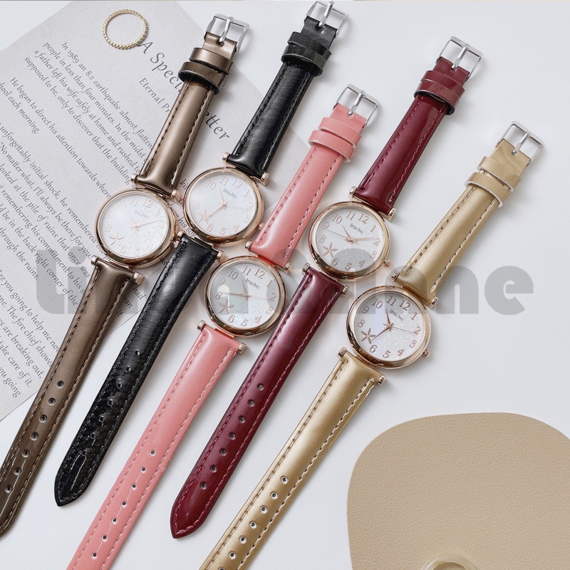 Jam Tangan Wanita Vintage Strap Pu Leather Analog Quartz Motif Bunga Tunggal