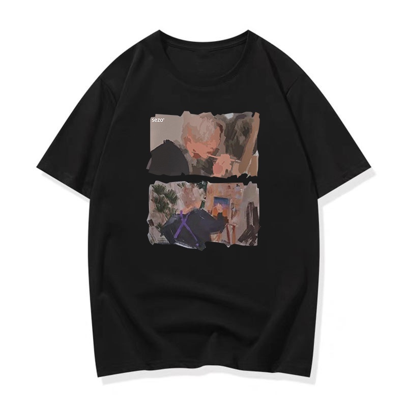 EUNII T-shirt Lengan Pendek Oil Painting Boy Korean Style/Kaos Atasan Wanita/Baju Kaus Oversize Wanita