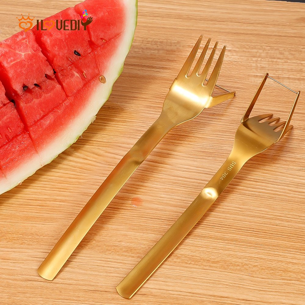 Alat Makan Garpu Buah Semangka Melon Portabel Multifungsi Bahan Stainless Steel Warna Emas Untuk Berkemah