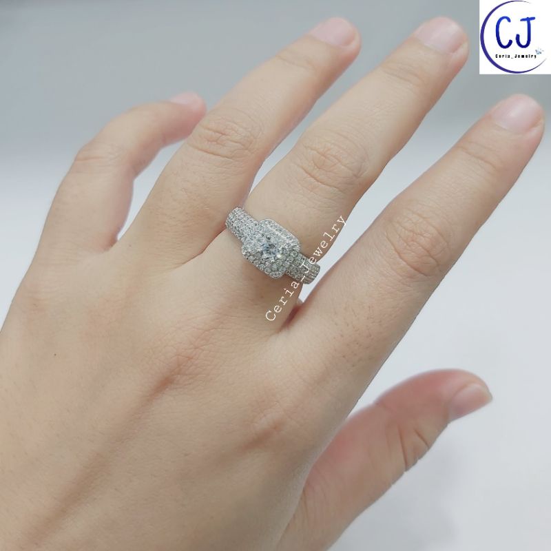 Cincin Perak Asli Silver Wanita 925 Lapis Emas Putih Model Kotak Permata full - Perhiasan Perak Asli Cincin Kotak