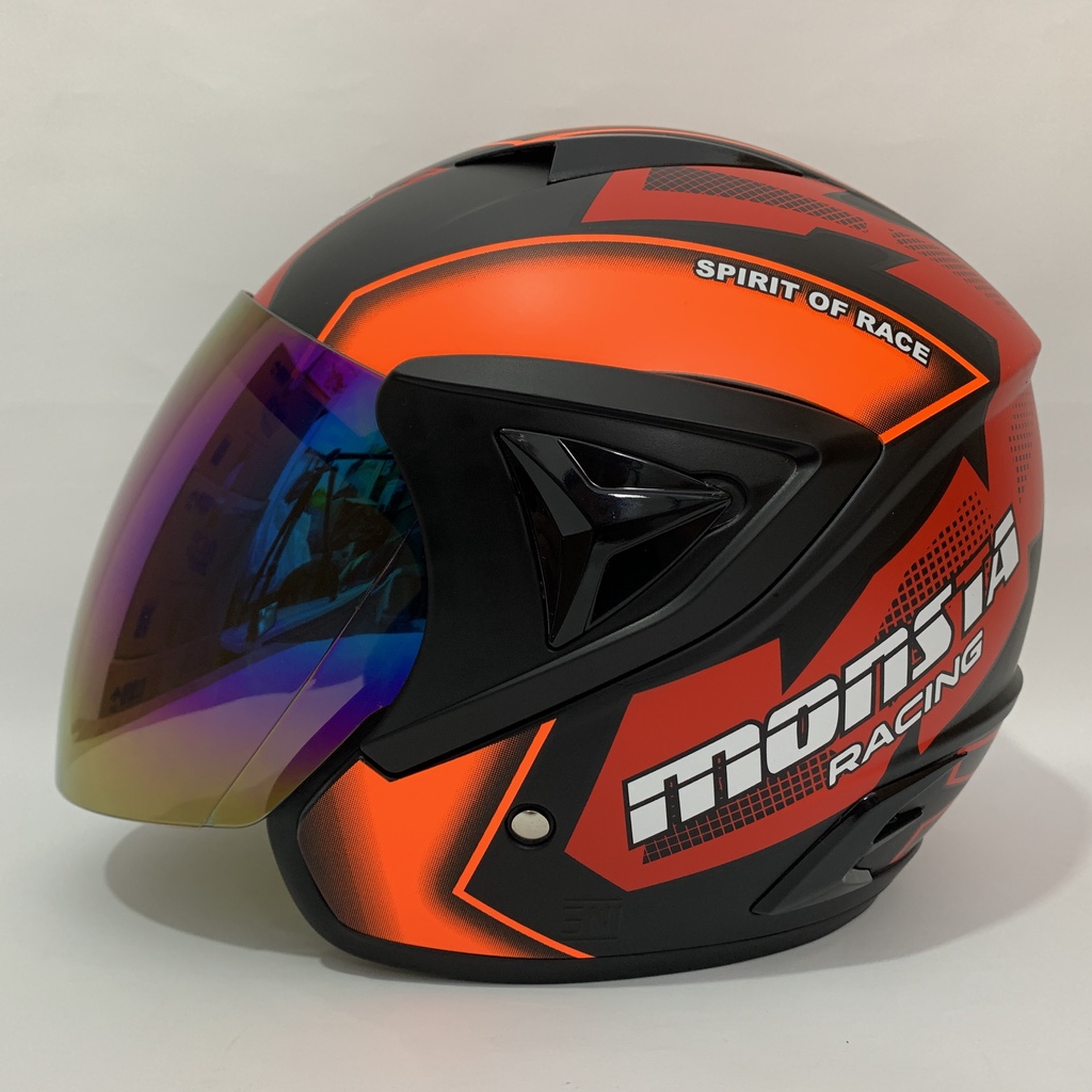 Jual Helm JP 13 Monsta Merah Orange Doff Kaca Pelangi Rainbow