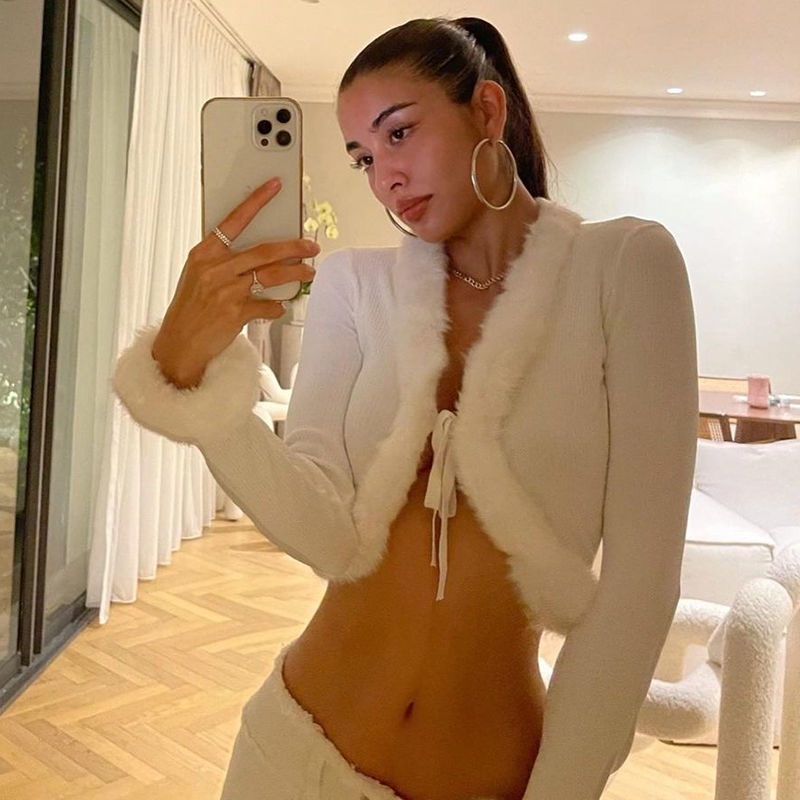 Red IAMHOTTY berbulu jahitan pit strip dasi mantel pendek perempuan gaya Eropa hot gadis pusar sexy slim top