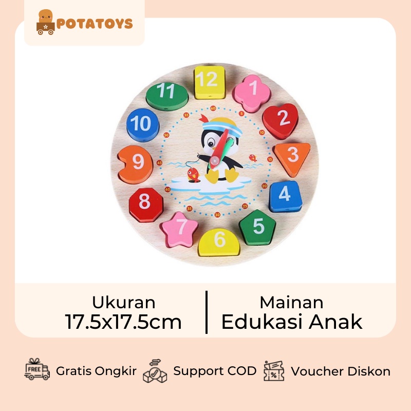 [ Potatoys  ] Mainan Edukasi Anak / Puzzle Jam Kayu / Wooden Clock Toys / Mainan Montessori Beads