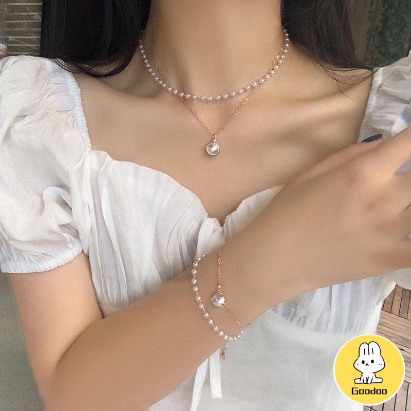 Kalung Korea Fashion Retro Mutiara Logam Gaya Kunci Kalung Multilayer Liontin Wanita Rantai Emas Kalung -Doo
