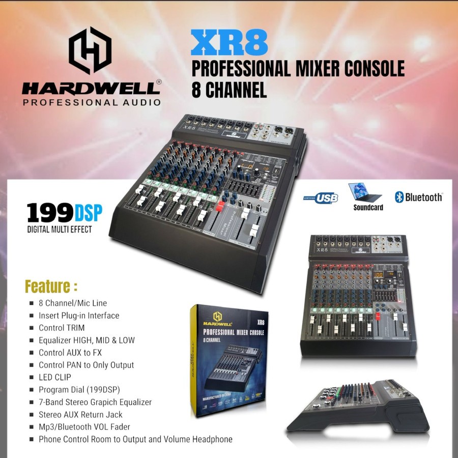 Mixer Audio Hardwell Xr8 Original Usb Mp3 Mixing Xr 8 Channel
