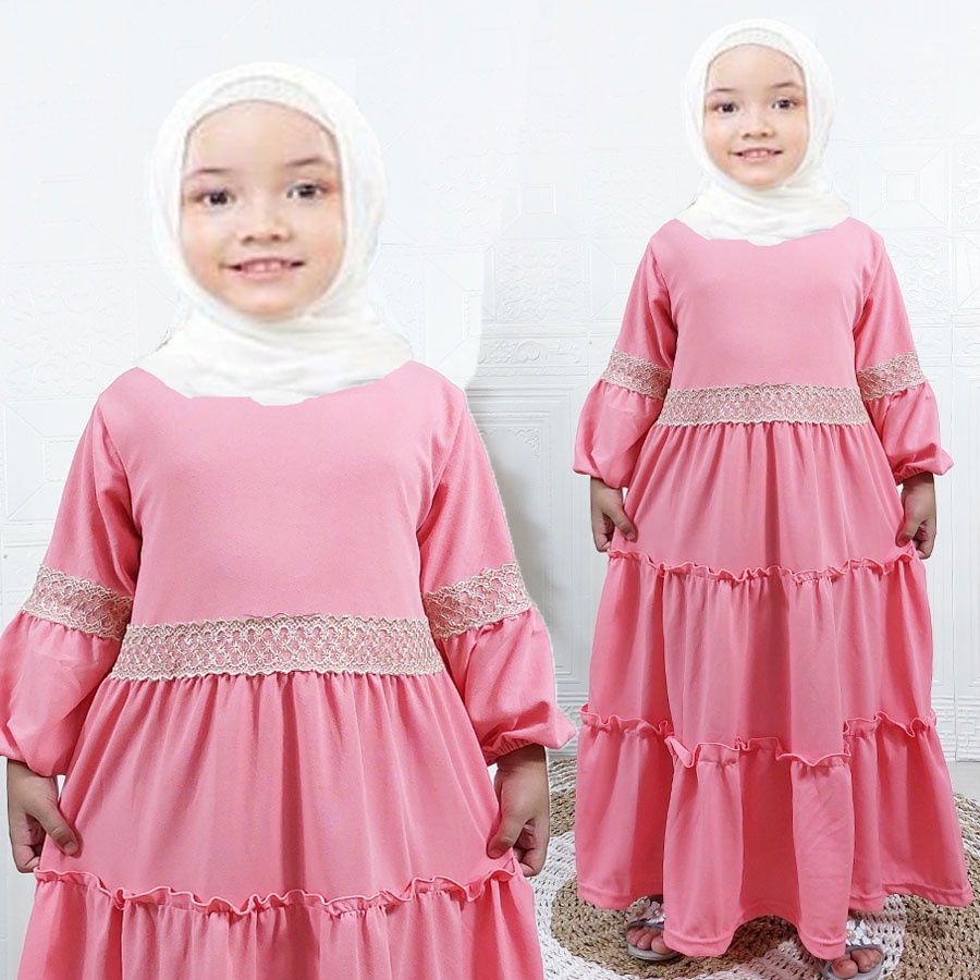 CARLINA MAHIRA ANAK MUSLIMAH DRESS 3 SUSUN RENDA PINGGANG LENGAN BALON 2-13tahun